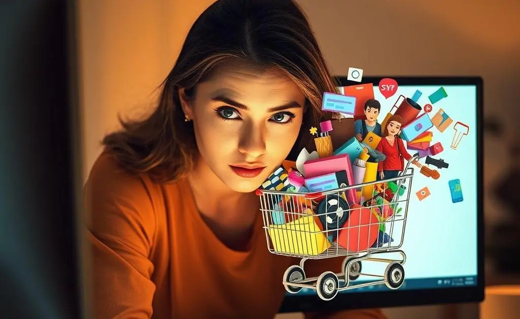 A woman staring at her overflowing online shopping cart