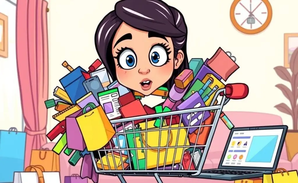A woman staring at her overflowing online shopping cart