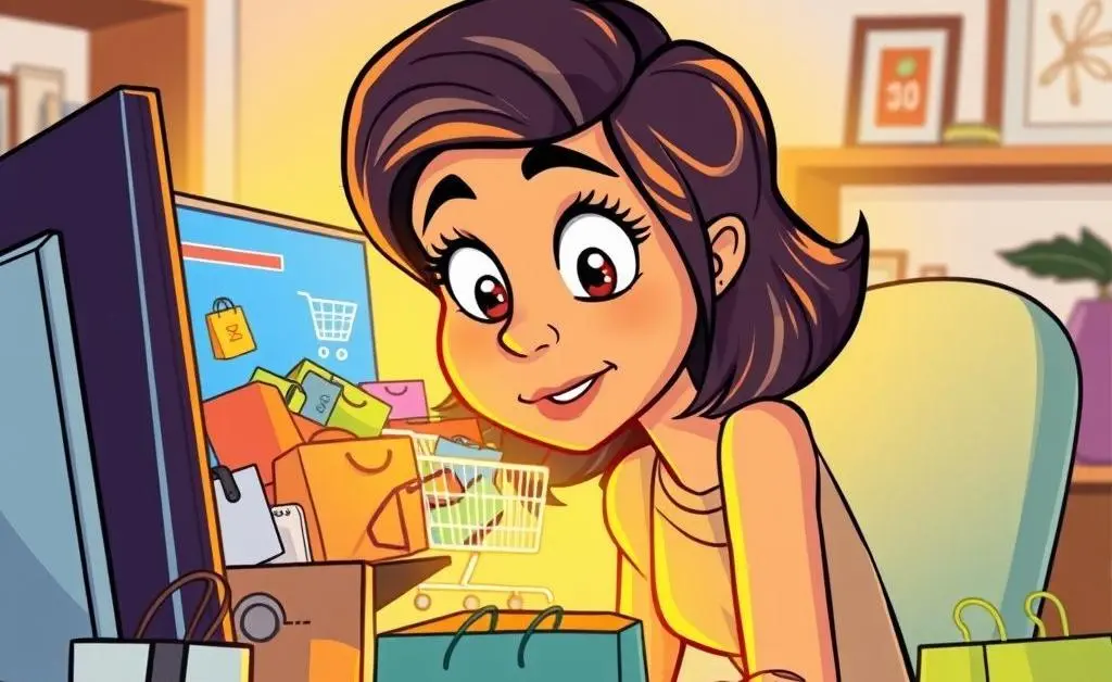 A cartoon panel of a woman staring at her overflowing online shopping cart on her computer screen