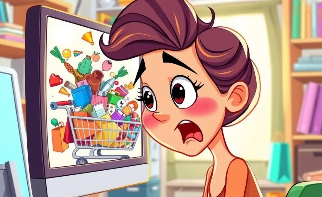 A woman staring at her overflowing online shopping cart