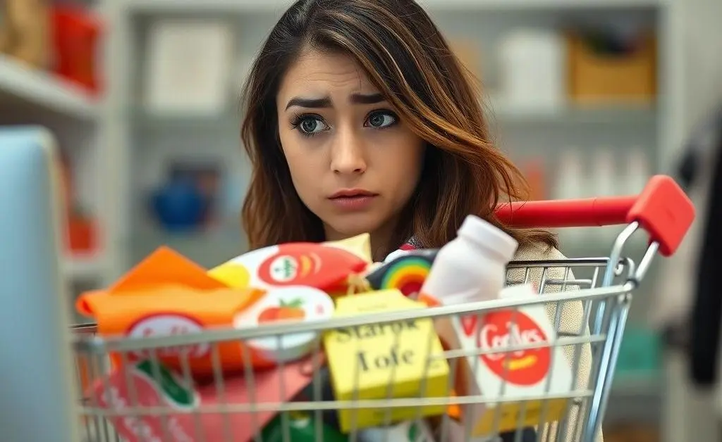A woman staring at her overflowing online shopping cart