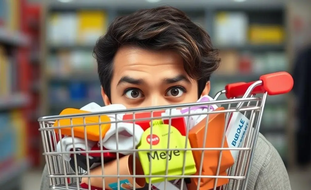 A person peeking nervously at an overflowing online shopping cart
