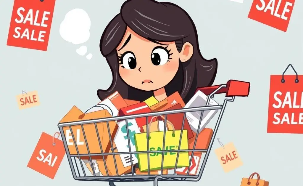A woman staring at her overflowing online shopping cart