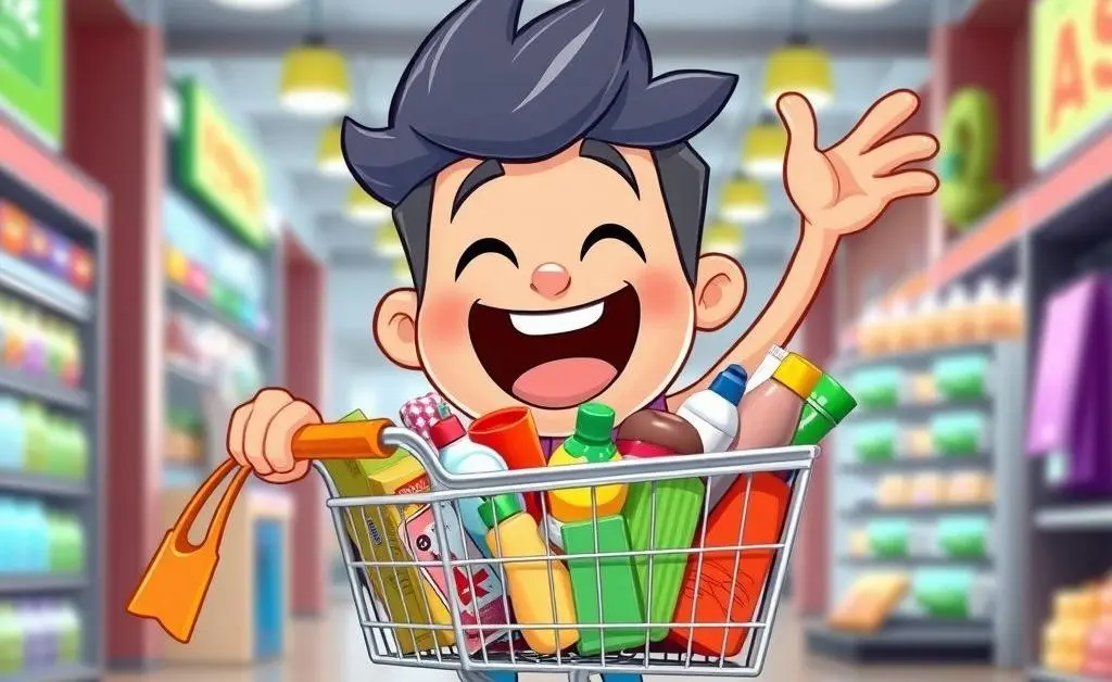 A cartoon character looking excited while filling an online shopping cart with various items.
