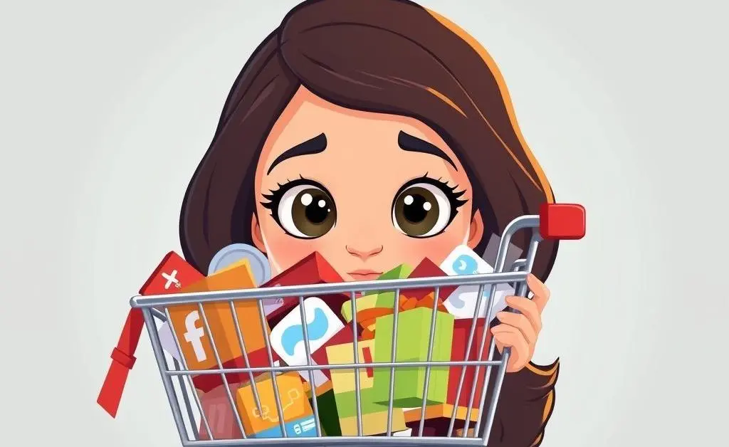 A cartoon woman staring at her overflowing online shopping cart with wide eyes