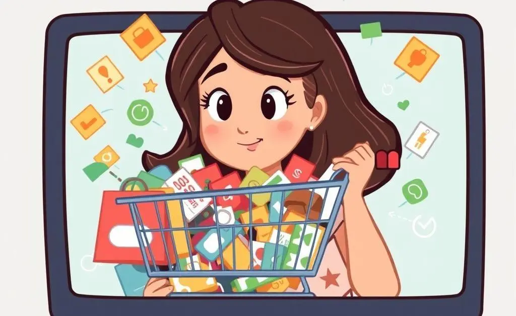 A woman staring at her overflowing online shopping cart