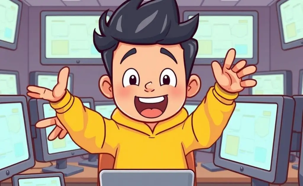 A cartoon character enthusiastically buying everything online, surrounded by screens