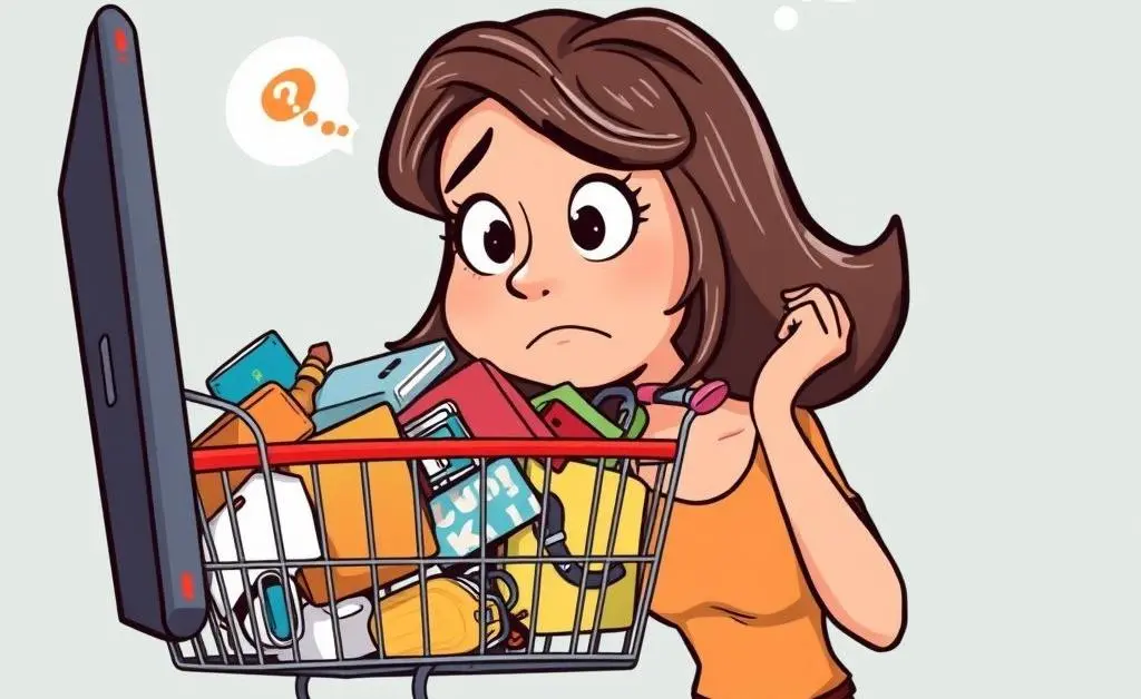 A woman staring at her overflowing online shopping cart