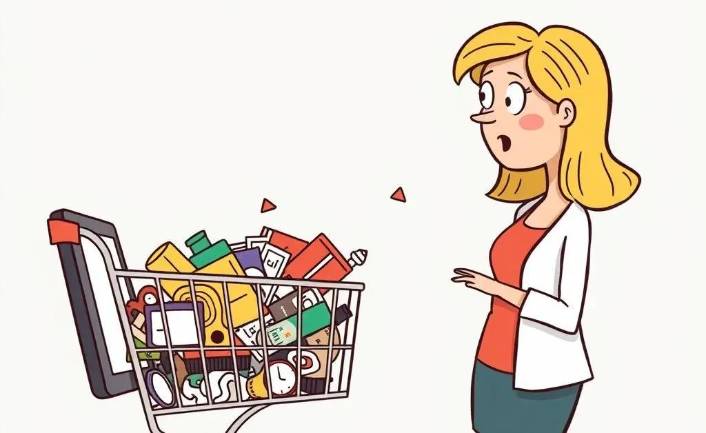A woman staring at her overflowing online shopping cart