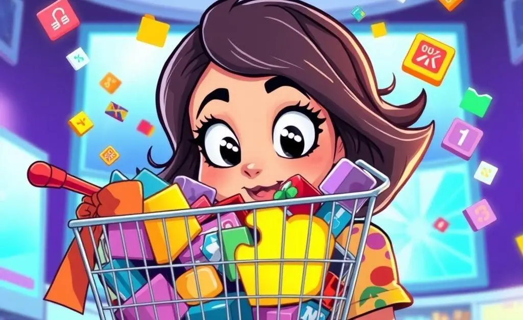 A woman staring at her overflowing online shopping cart