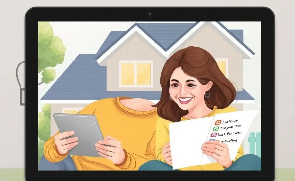 A hopeful couple browsing houses online with a list of dream features