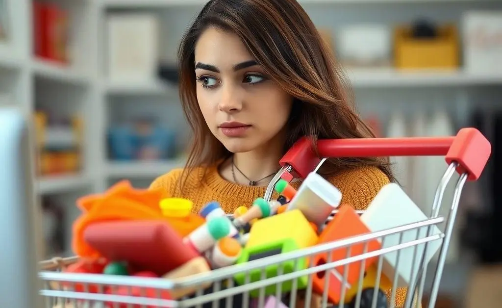 A woman staring at her overflowing online shopping cart