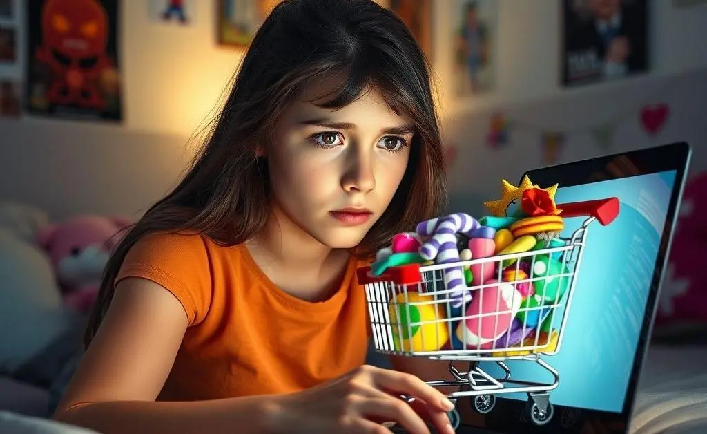 A young woman staring at her overflowing online shopping cart with concerned expression