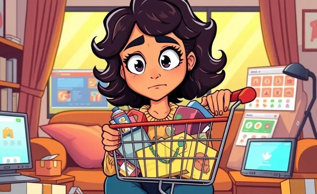 A woman staring at her overflowing online shopping cart