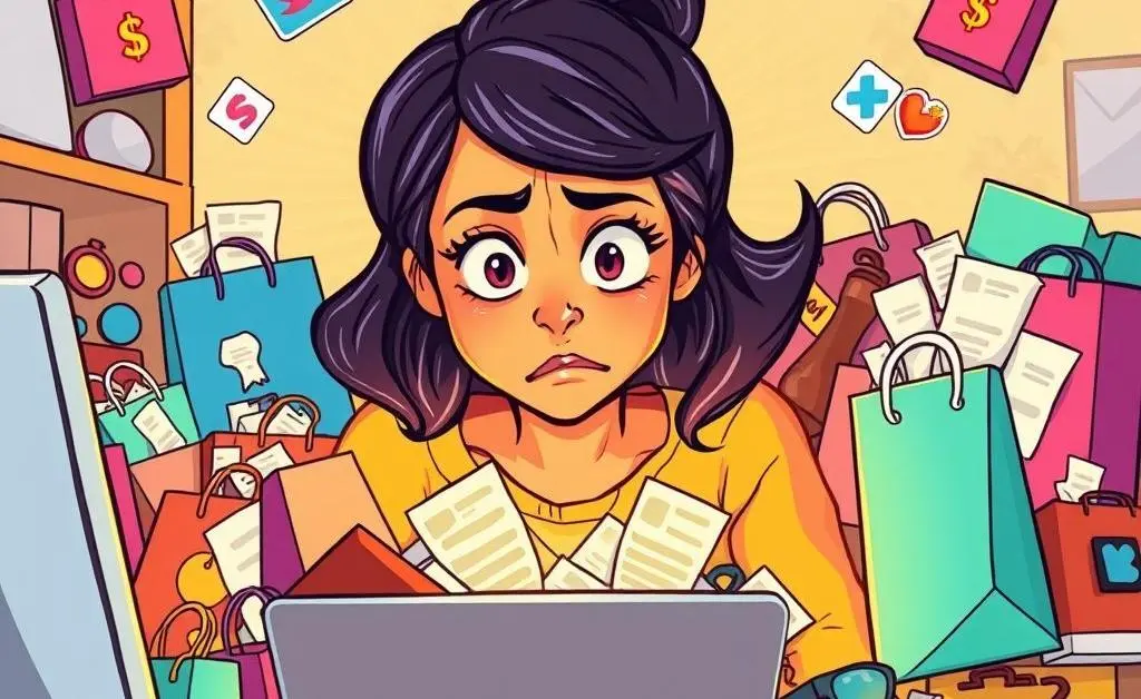 A woman staring at her overflowing online shopping cart