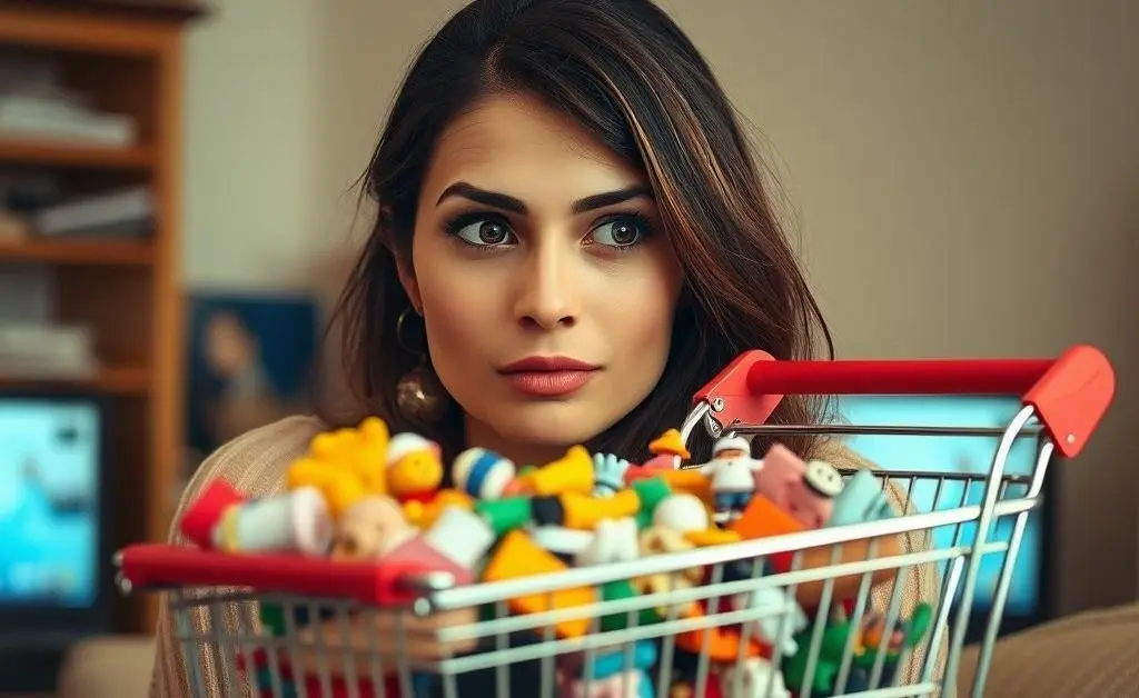 A woman staring at her overflowing online shopping cart