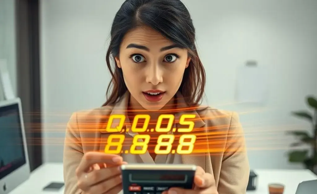 Mia looking shocked at her calculator as numbers add up rapidly