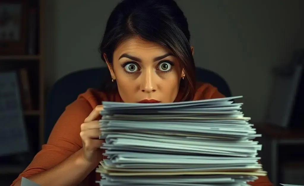 Mia's eyes widen as she balances a wobbly stack of credit card bills