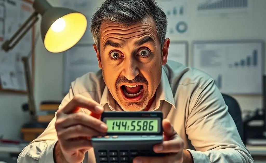 A man holding a calculator with a shocked expression after seeing the total amount