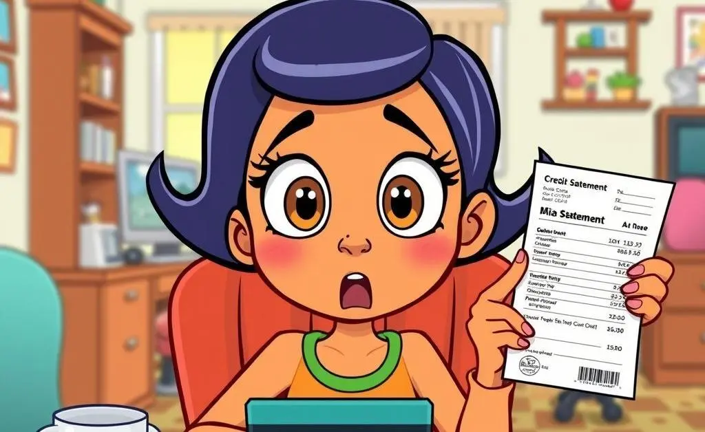 Mia receiving her credit card statement and looking surprised