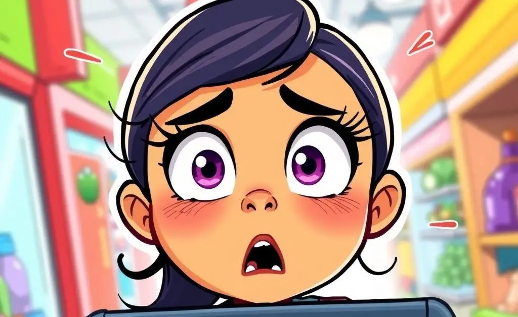 Mia's wide-eyed reaction to her bloated cart total