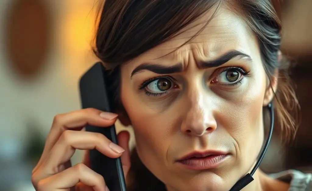 Close-up of wife on phone with customer service, looking puzzled
