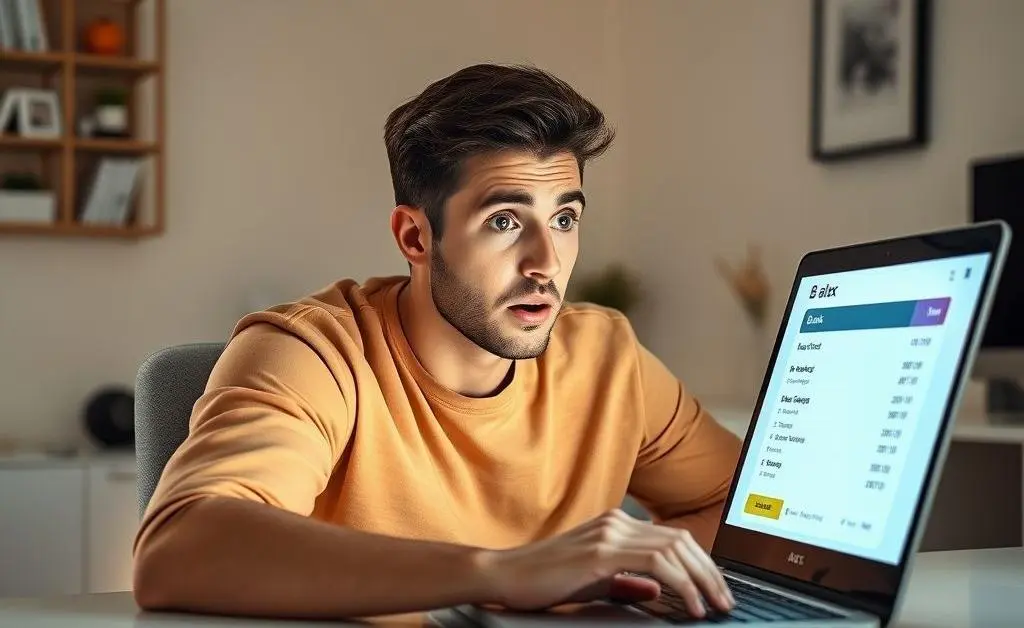 Alex glancing at their bank account on the computer, looking shocked