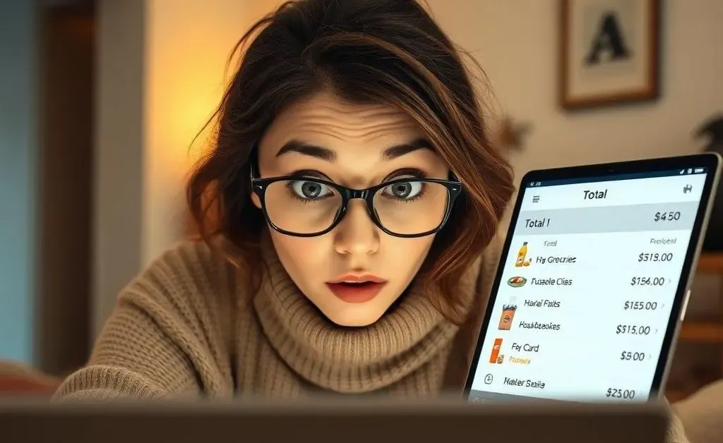 A woman with wide eyes staring at the total of her shopping cart on the laptop screen