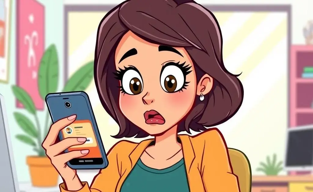 A woman shocked by her bank balance on her phone