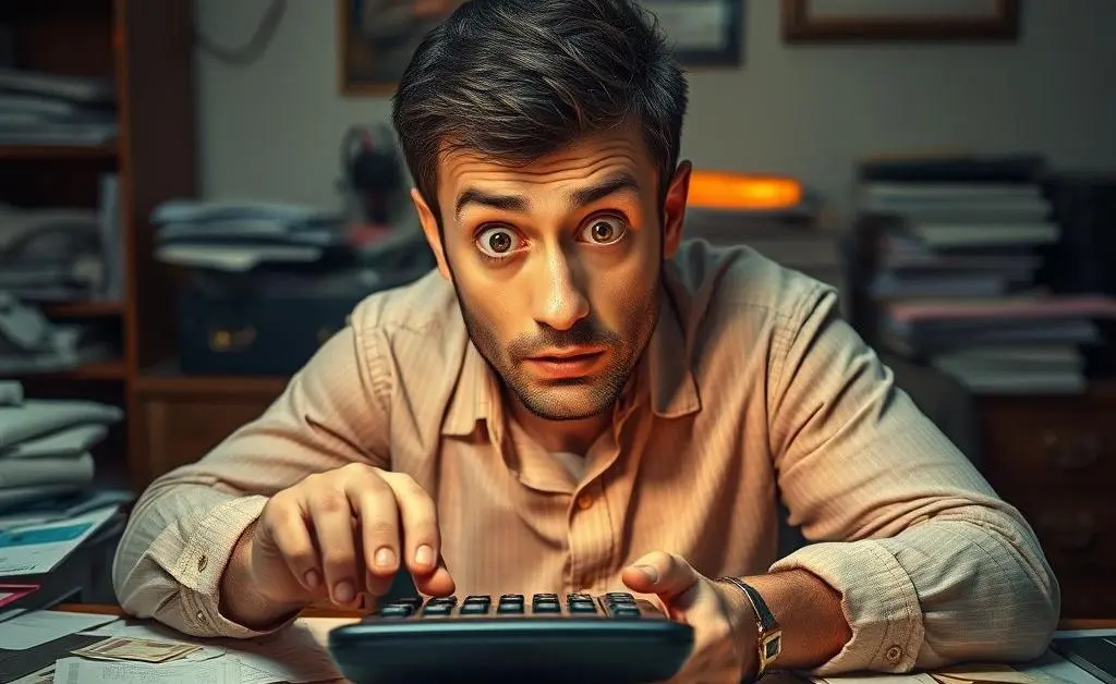 A man staring wide-eyed at a calculator, surrounded by numerous bills and invoices on a table