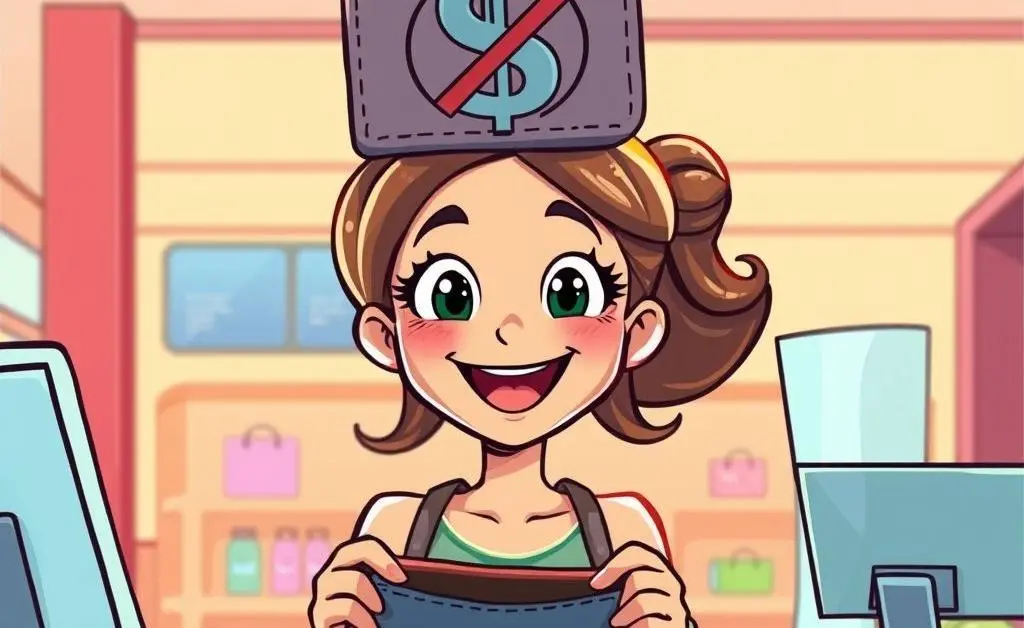 A woman joyfully checking out with an empty wallet symbol looming above her head