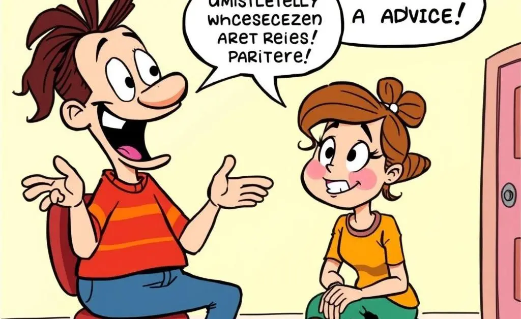 A cartoon of a chatty friend giving Emma unsolicited advice while she listens politely.