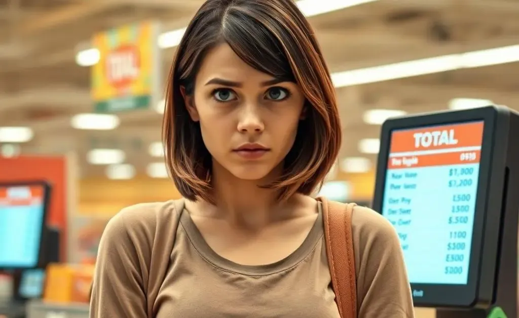 Mia sighing at the checkout screen showing unexpected total costs