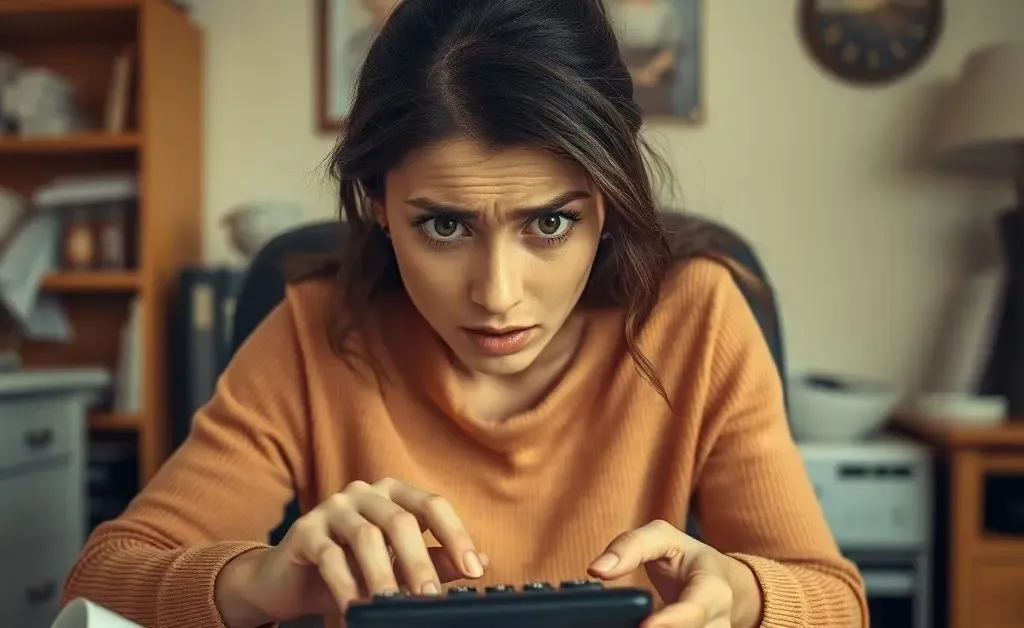Mia calculating her expenses on a calculator with exaggerated worry