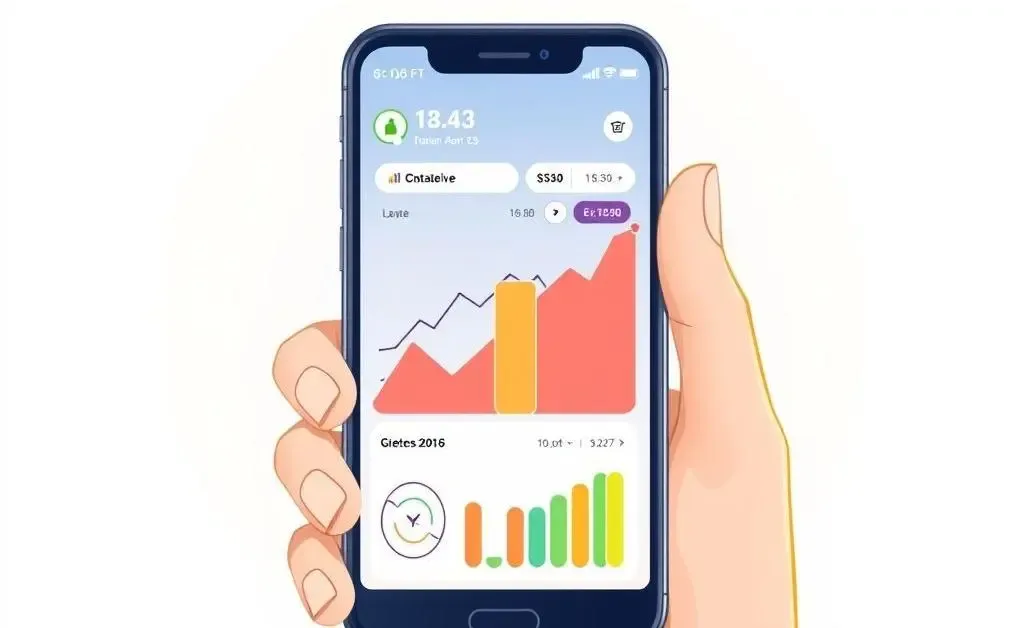 Cartoon character excitedly opening an app showing a graph with a Invest Now! button