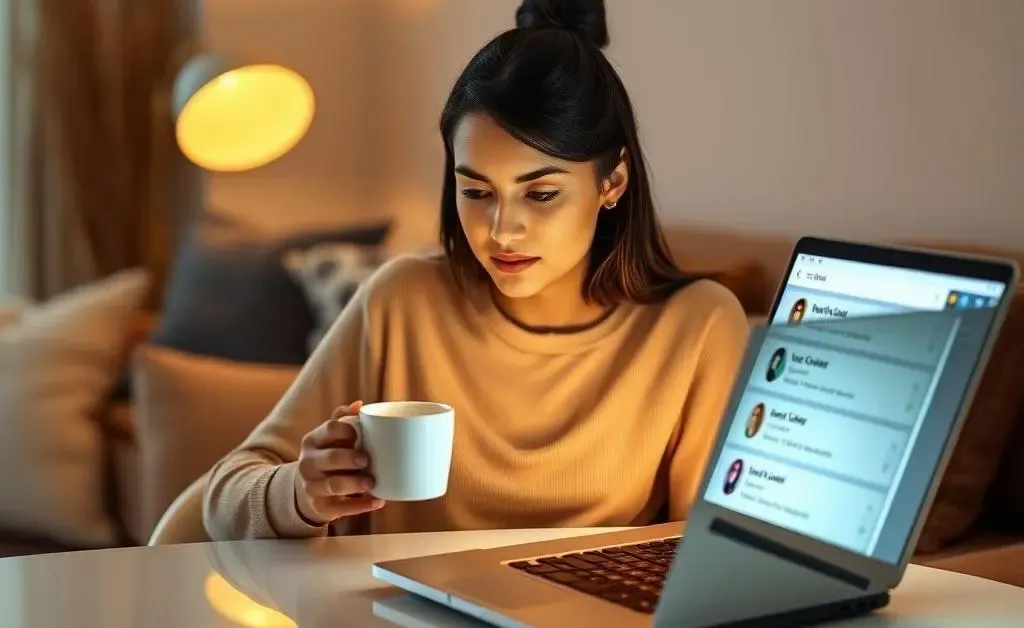Mia, now at her laptop, sipping coffee while ignoring her credit card bill notifications on the screen.