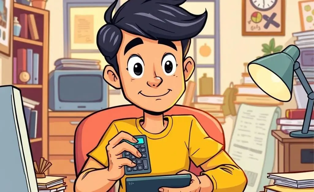 A cartoon character nervously checking a calculator and a long list of expenses