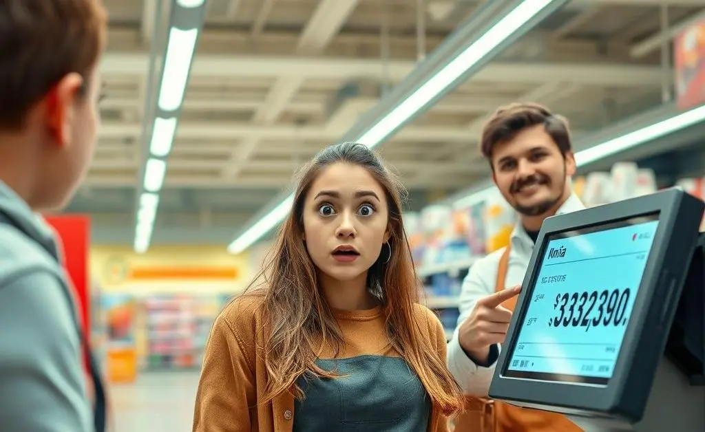 Mia at a checkout counter, shocked as the cashier announces her total
