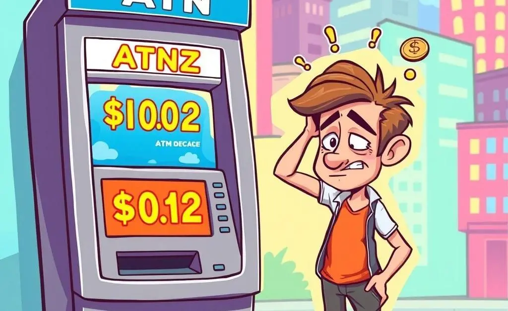 A cartoon-style bank ATM showing a comically low account balance as the man scratches his head in confusion.