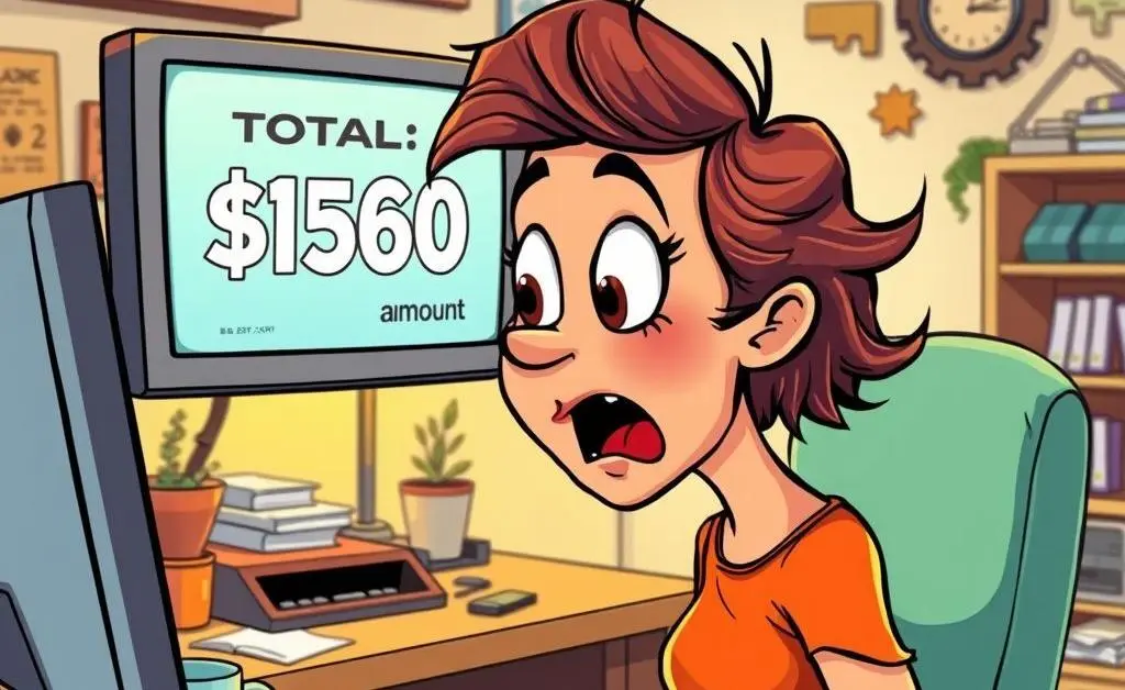 Cartoon of a woman looking shocked at her computer screen.