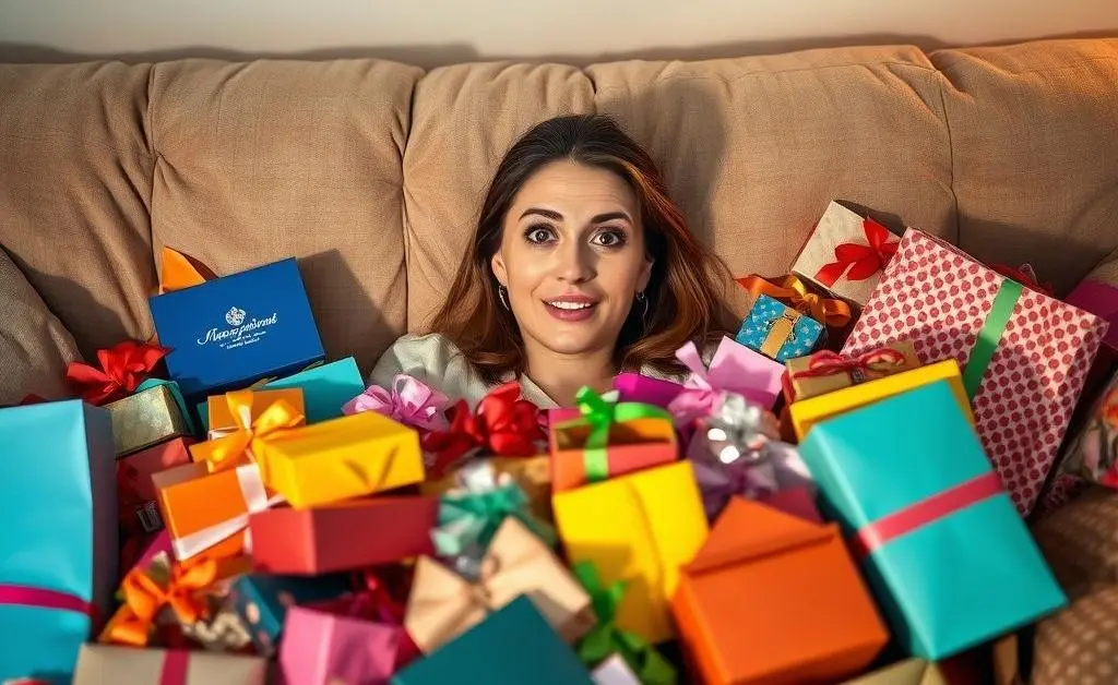 Woman surrounded by a mountain of packages from a shopping spree