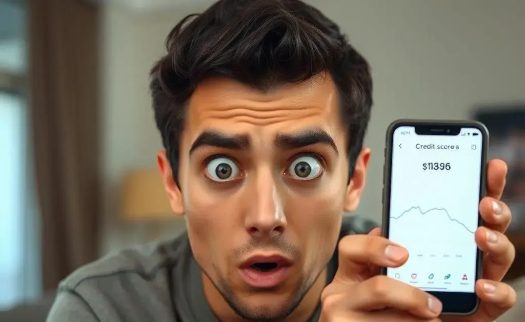 A character staring with wide eyes at a phone showing their credit score going down after paying off debts.