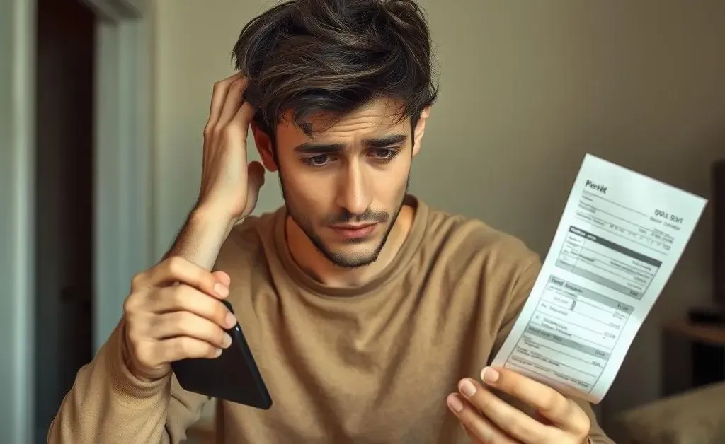 Same person scratching their head while looking at a long receipt and an empty wallet