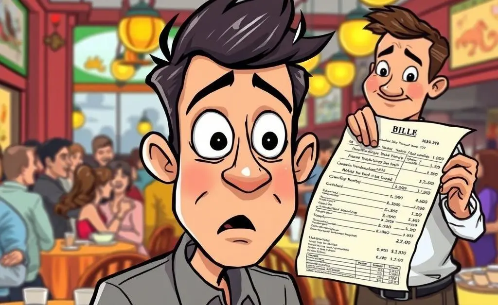 Man looking shocked at a restaurant bill