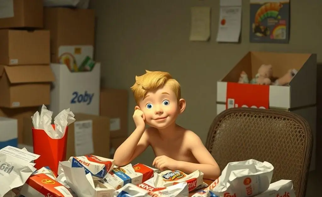 Bobby sitting at a table cluttered with fast food wrappers and online shopping boxes