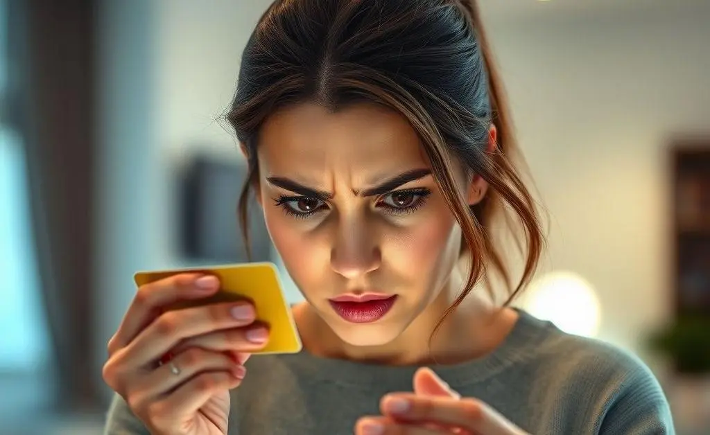 A woman sweating and holding her credit card nervously