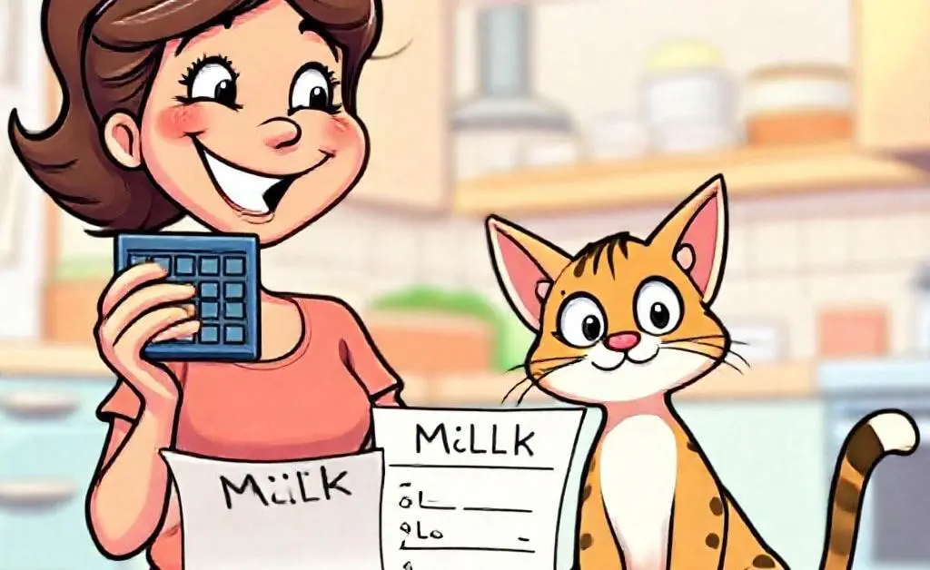 A cartoon woman holding a calculator and a confused cat beside a milk-only shopping list