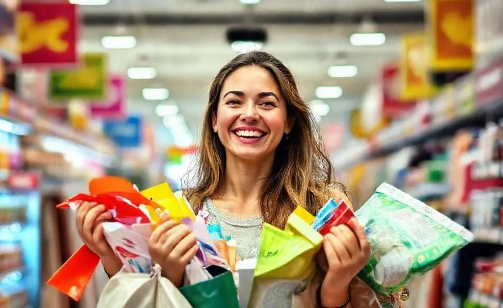 A woman smiling in a store, arms full of products on sale, ignoring her budget