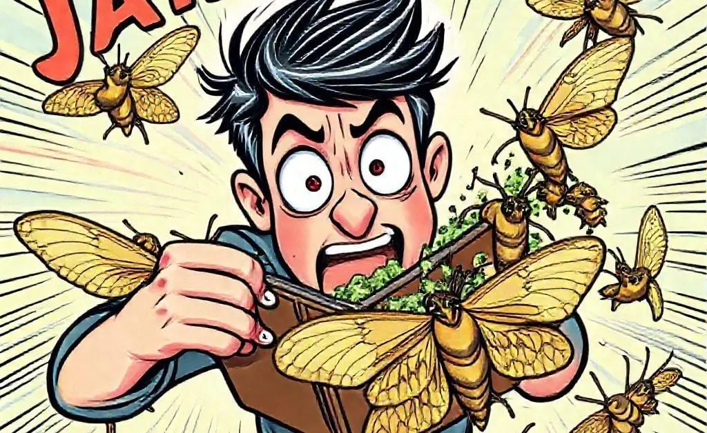 Drawing of Jamie frantically opening their wallet, with cartoonishly large moths flying out instead of cash