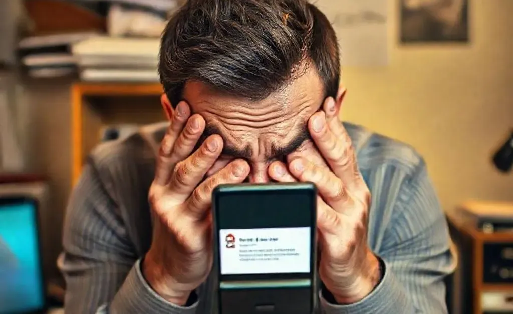 A man comically burying his face in his hands upon seeing the credit card alert